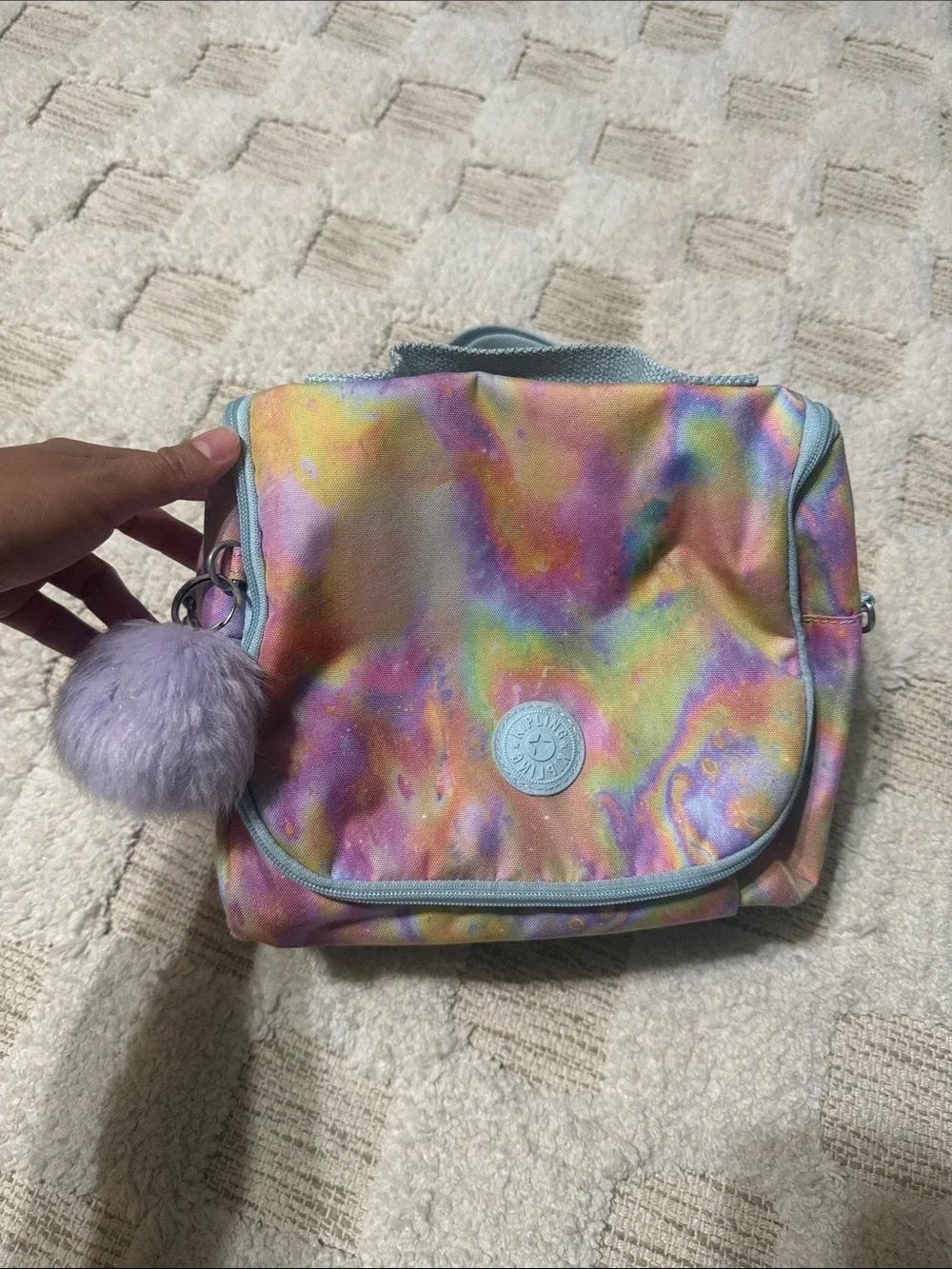 Kipling Pastel Rainbow Tie-Dye Kids lunch box with Lavender Pom Pom